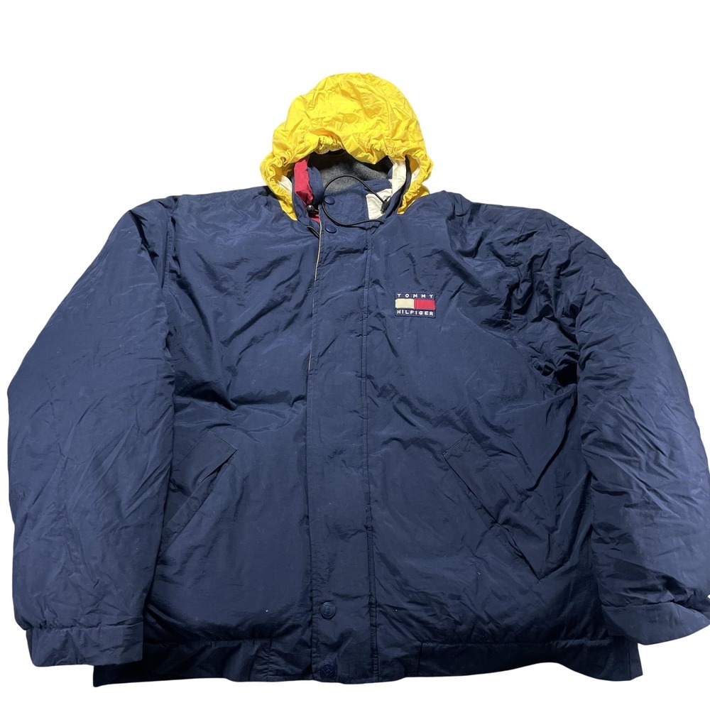 Vintage Tommy Hilfiger Jacket Mens XL Blue Yellow Hooded Down Puffer Logo 90s